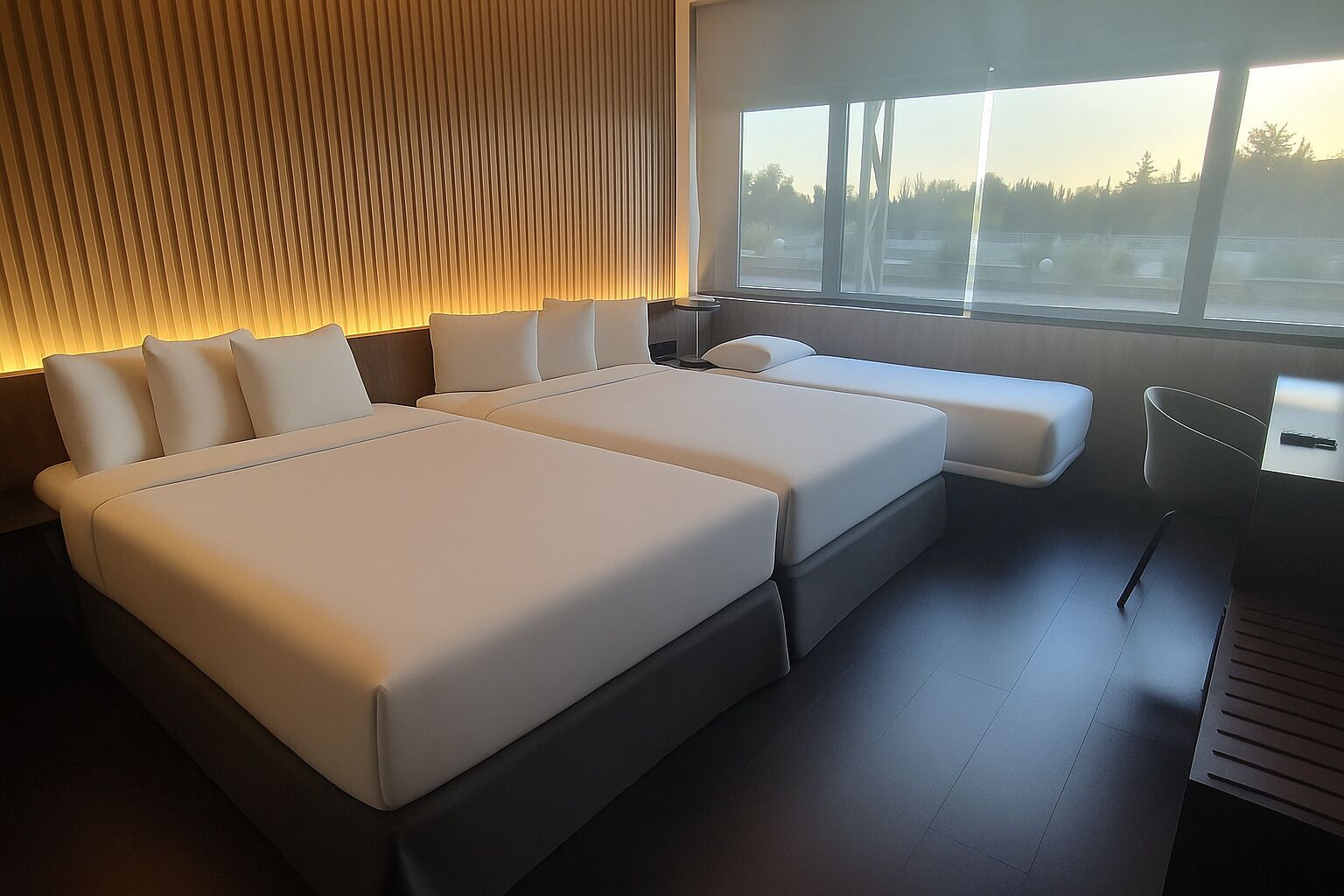 A modern bedroom with a large bed, a bedside table, a chair, and a window with a view of trees.