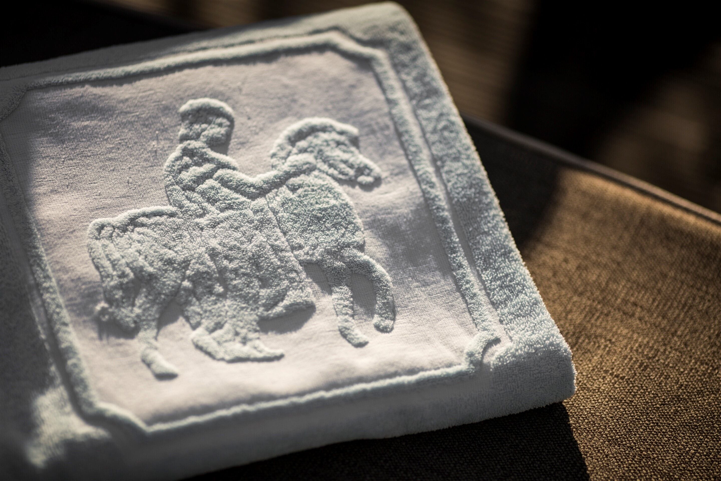 Un gros plan d’une surface texturée ornée d’un bas-relief représentant une personne à cheval.
