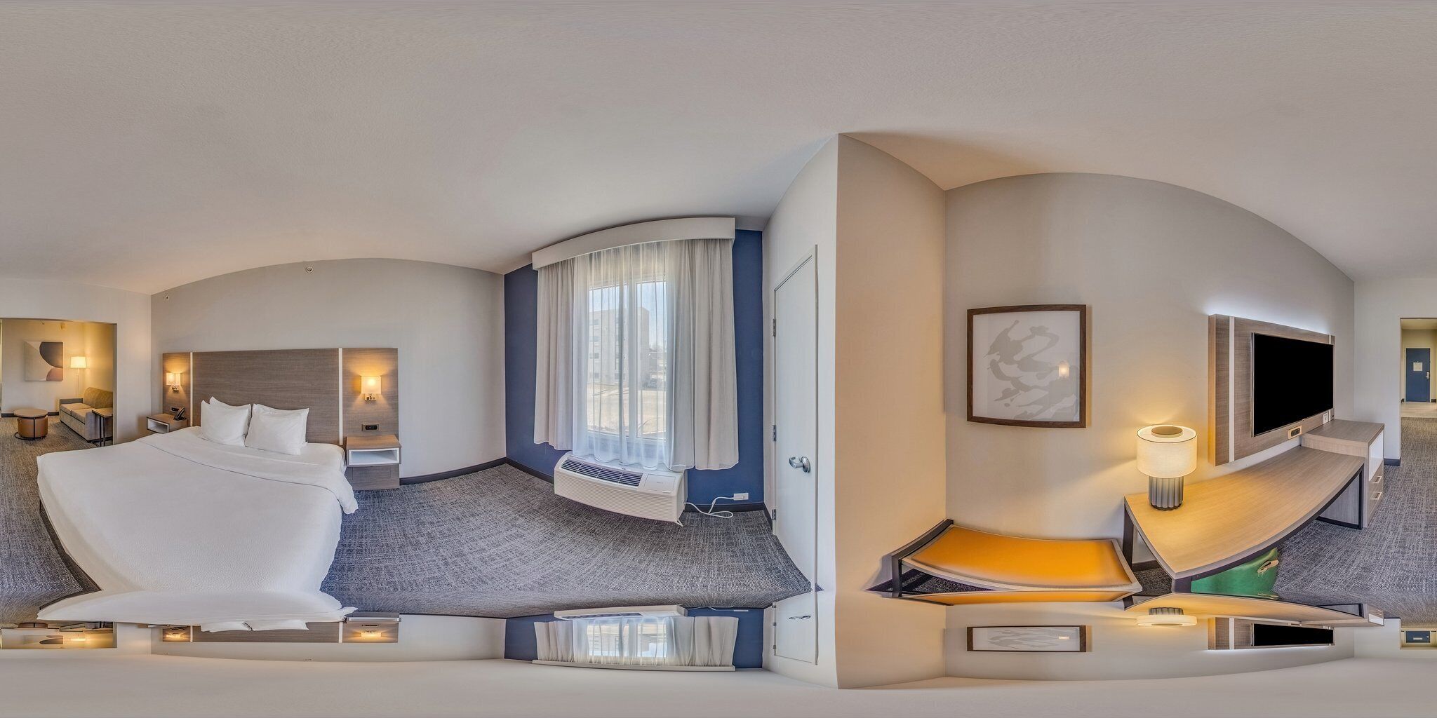 Premium bedding, pillowtop beds, desk, laptop workspace