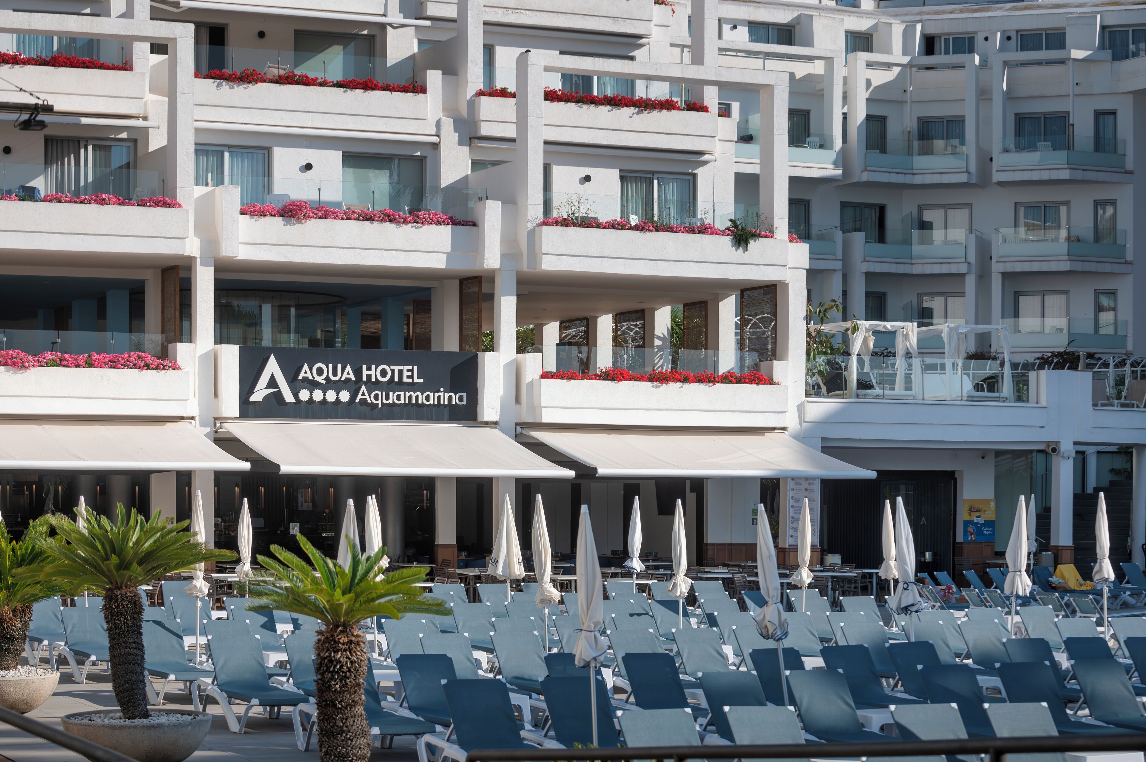 Un hotel con un letrero que dice "AQUA HOTEL Aquamarina", que cuenta con un área de piscina con tumbonas y sombrillas, y balcones con flores rojas.