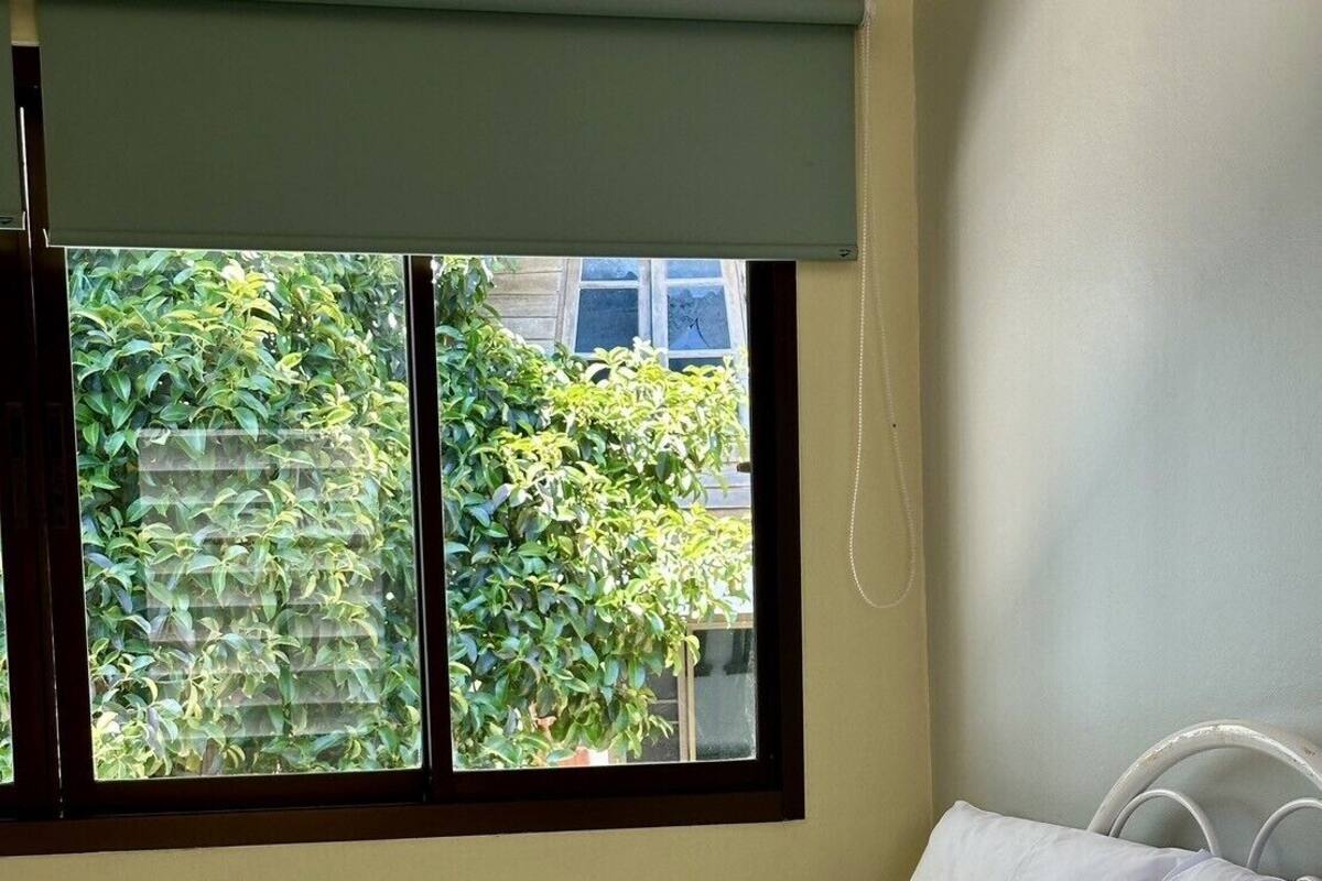 A single-bed room with a window, a white headboard, and a neatly made bed.