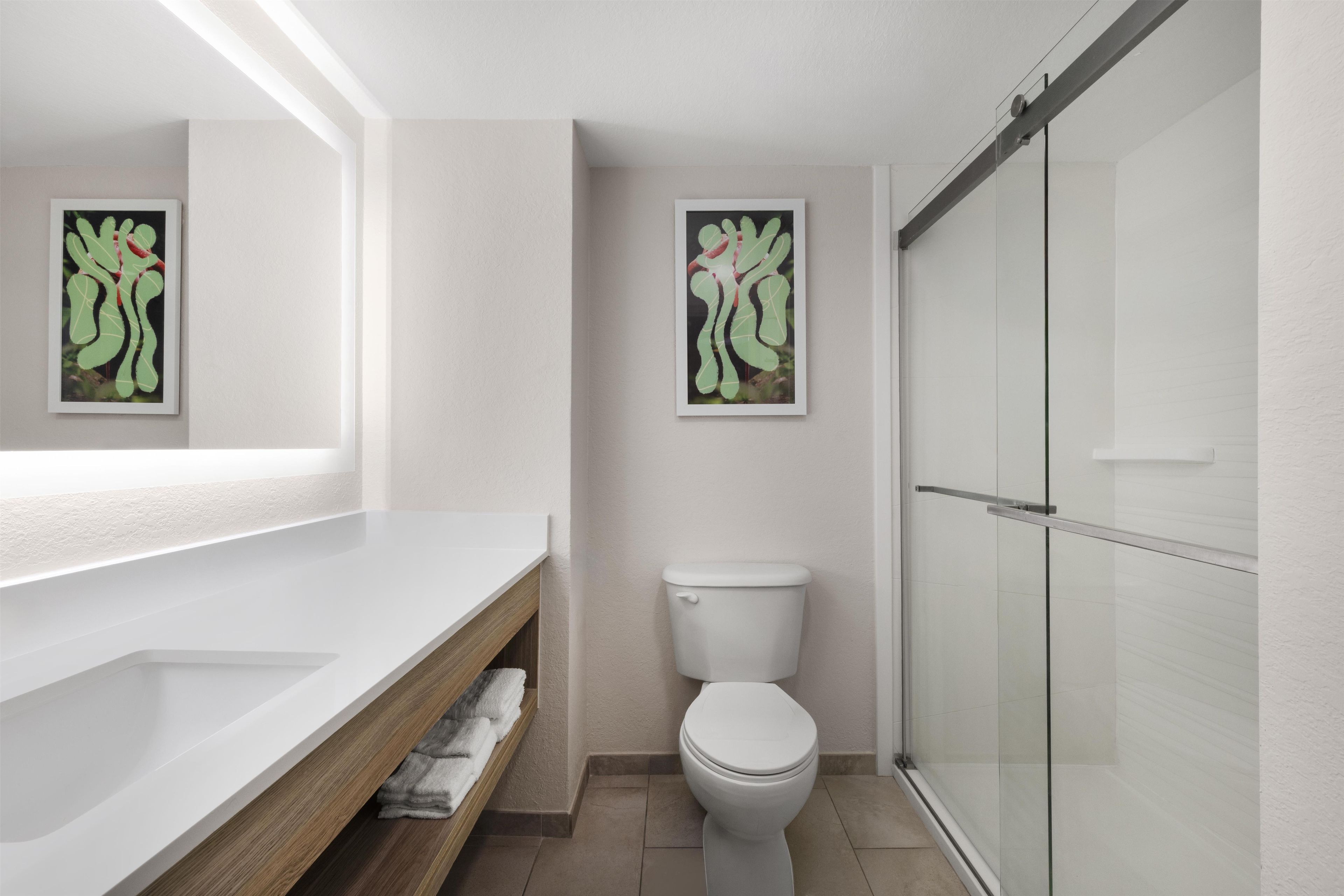 Un baño moderno con lavamanos, inodoro y cabina de ducha de vidrio. Hay dos obras de arte enmarcadas en la pared.