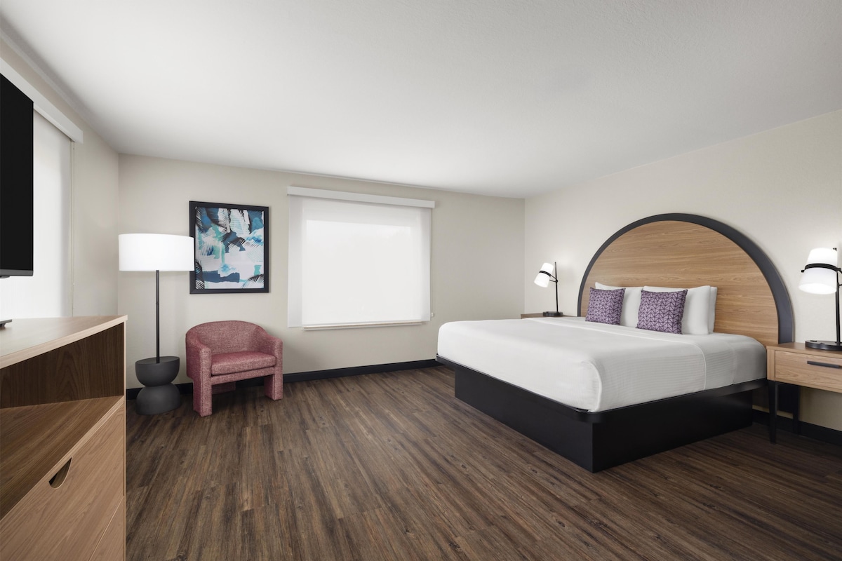 Suite, 1 King Bed, Accessible, Refrigerator & Microwave (with Sofabed) | Desk, laptop workspace, blackout drapes, iron/ironing board