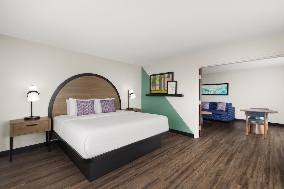 Suite, 1 King Bed, Non Smoking | Desk, laptop workspace, blackout drapes, iron/ironing board