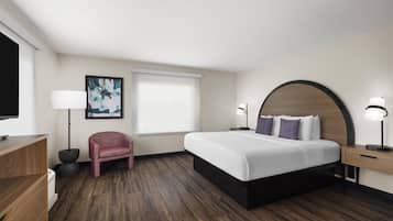 Habitación de hotel con cama, una silla, escritorio, televisor, un cuadro y una ventana.
