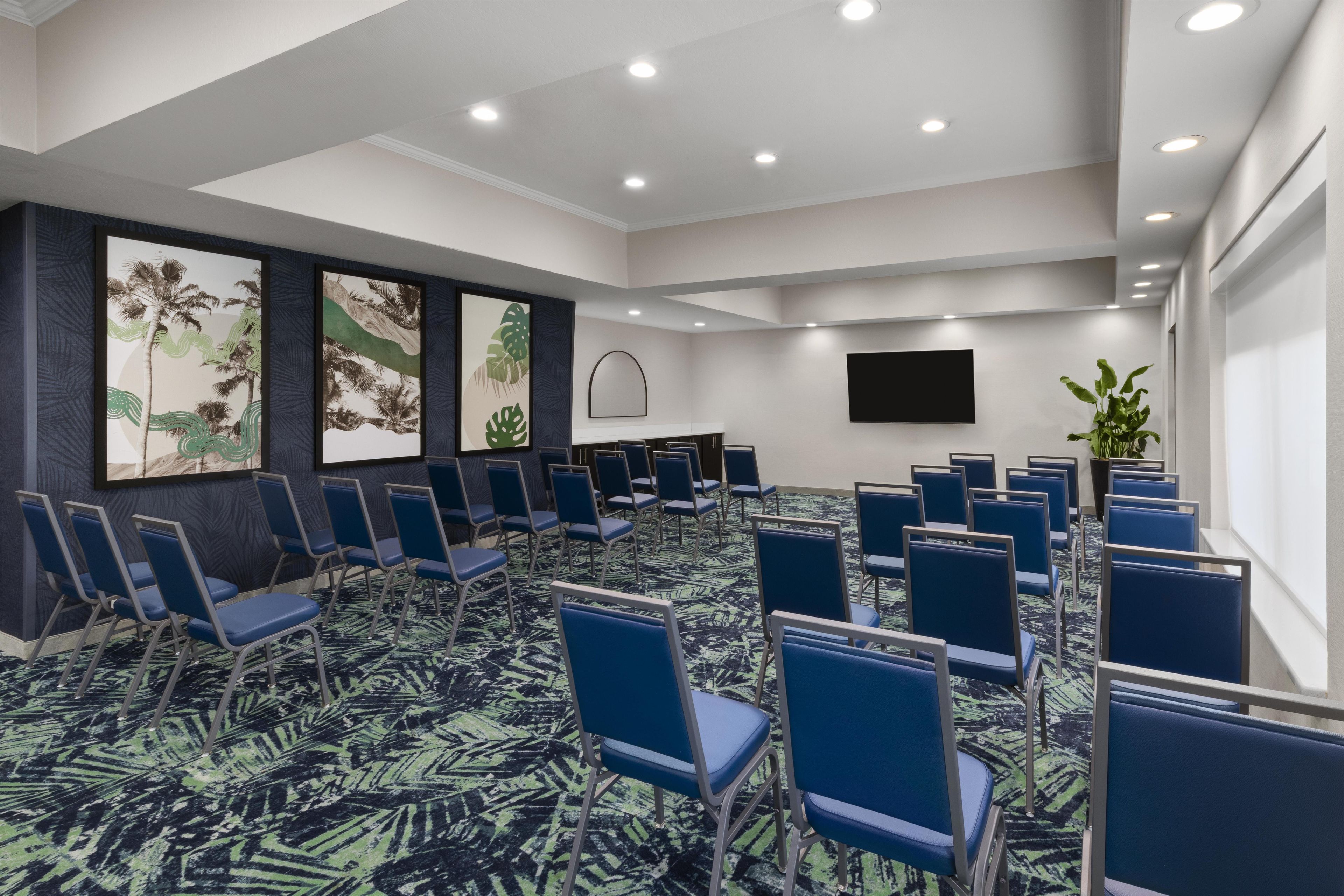Un salón de conferencias con filas de sillas azules, un televisor de pantalla plana en la pared y cuadros con motivos de hojas tropicales.