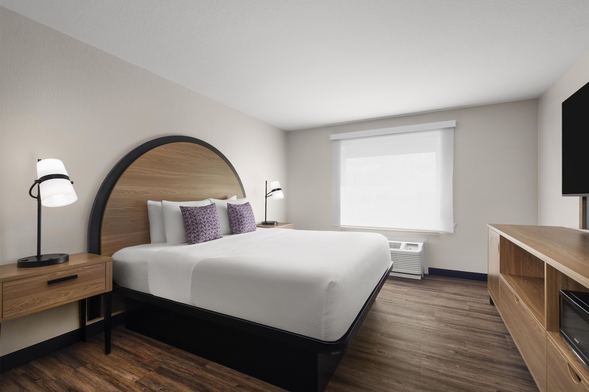 Suite, 1 King Bed, Non Smoking | Desk, laptop workspace, blackout drapes, iron/ironing board