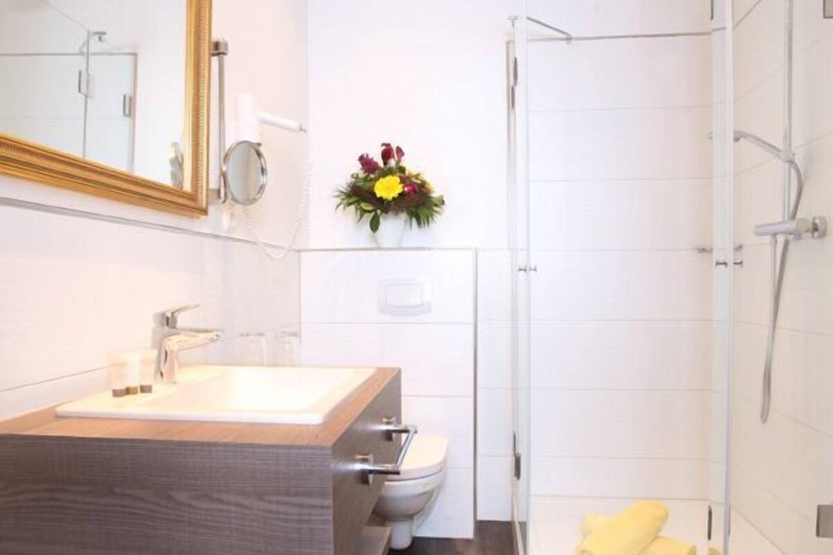 free toiletries, hair dryer, towels