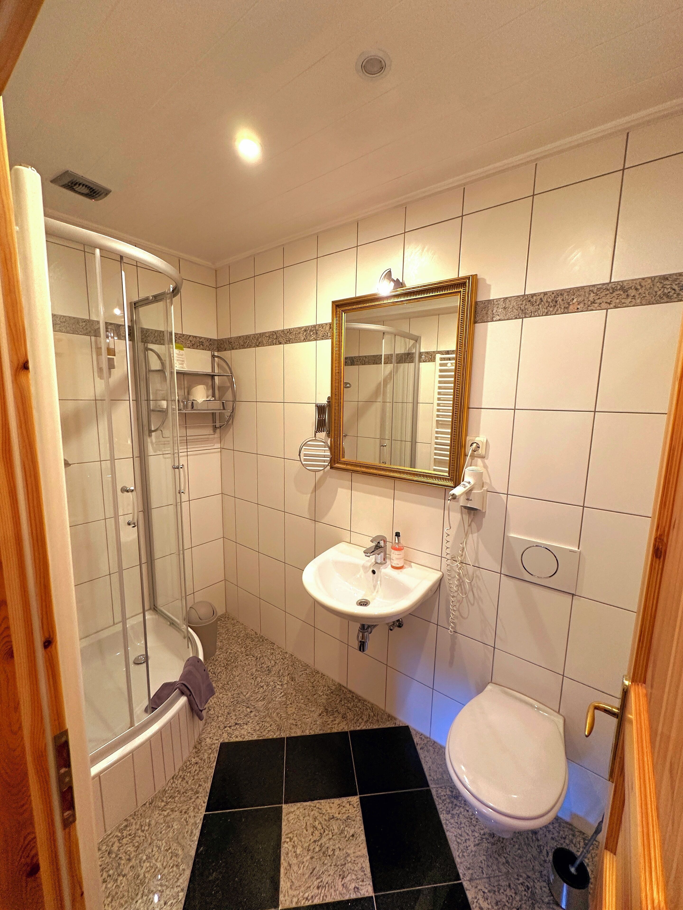 Un baño con cabina de ducha de vidrio, lavamanos con espejo e inodoro.