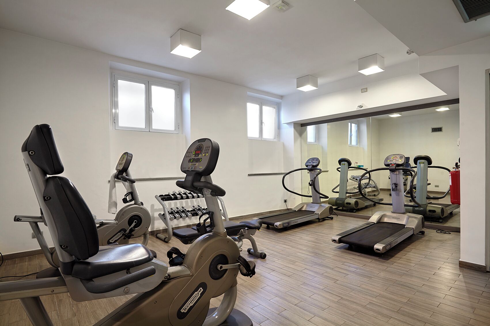 Academia com máquinas de cardio, equipamentos de musculação e um espelho grande.