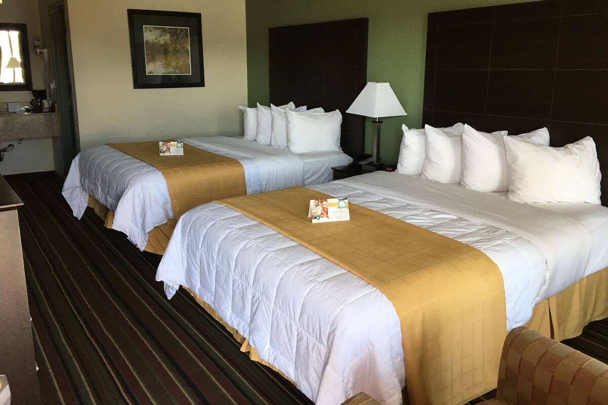 A hotel room with two single beds, a bedside table with a lamp, a framed picture on the wall, and a window with blinds.
