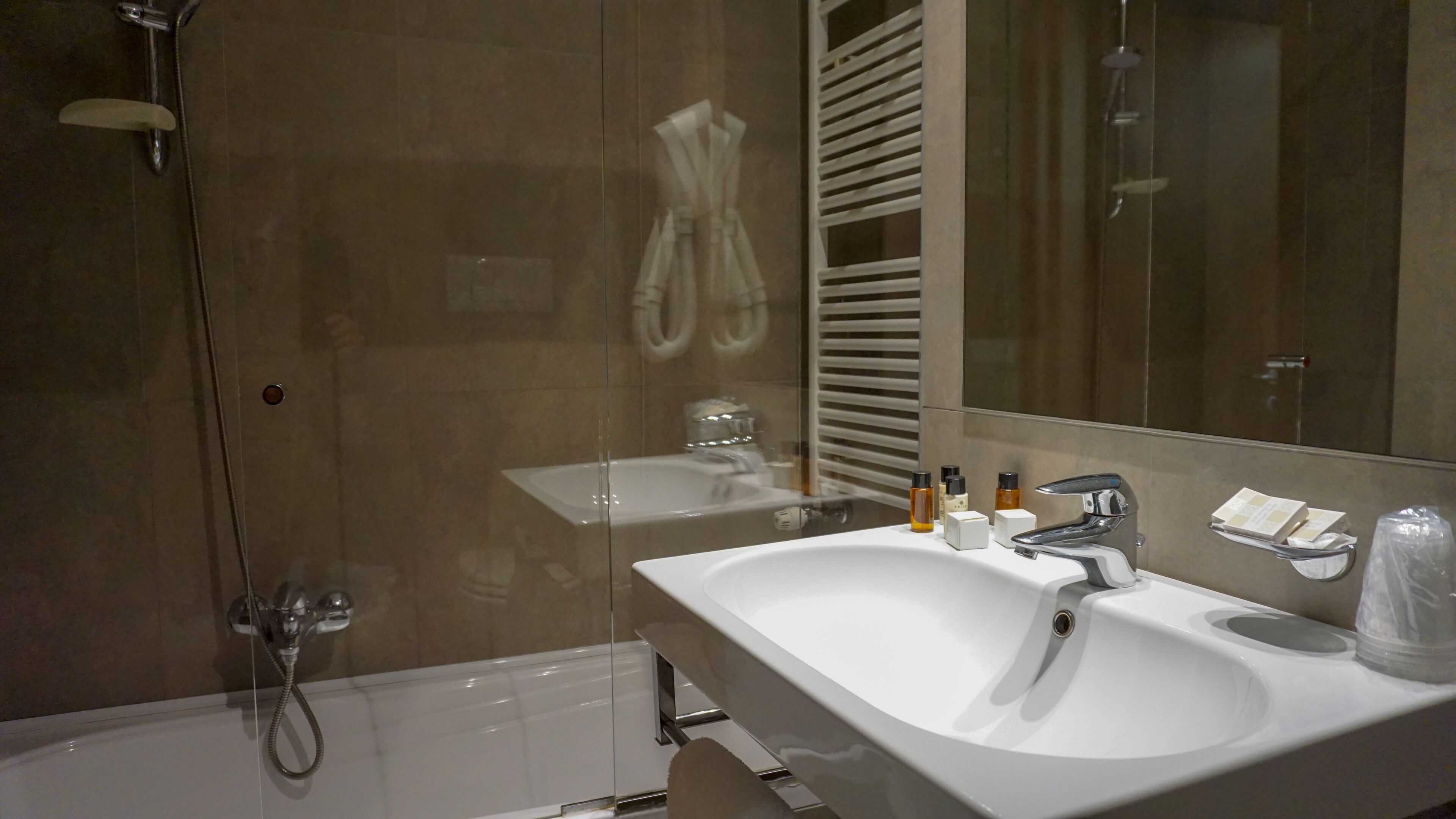 standard double or twin room | bathroom | combined shower/bathtub, hair dryer, bidet, towels