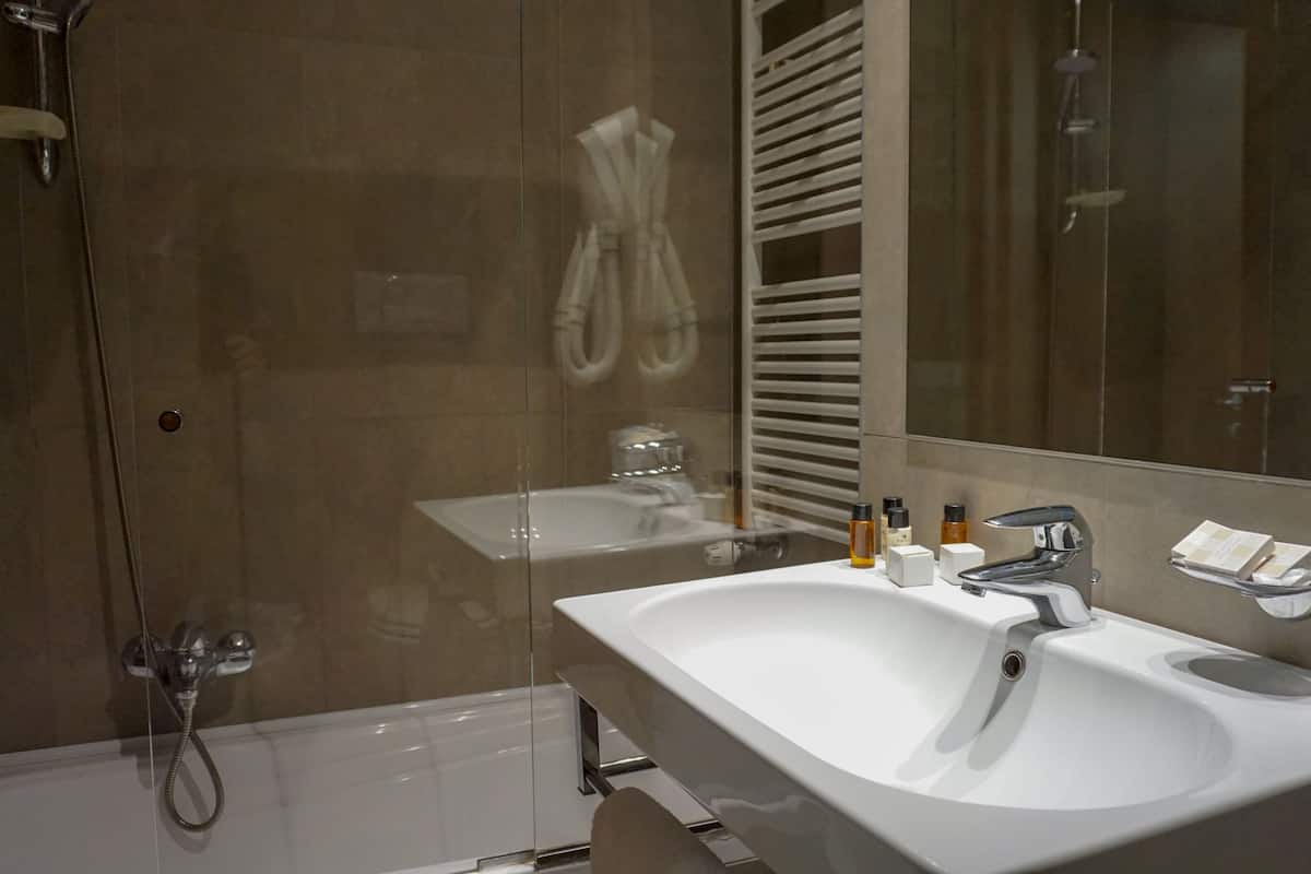 standard double or twin room | bathroom | combined shower/bathtub, hair dryer, bidet, towels