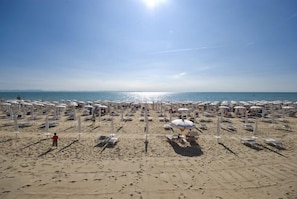 A beach with rows of sunbeds and umbrellas, a clear sky, and the ocean in the background.
