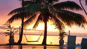 Vista al atardecer con una palmera y sillones de descanso junto a una piscina.