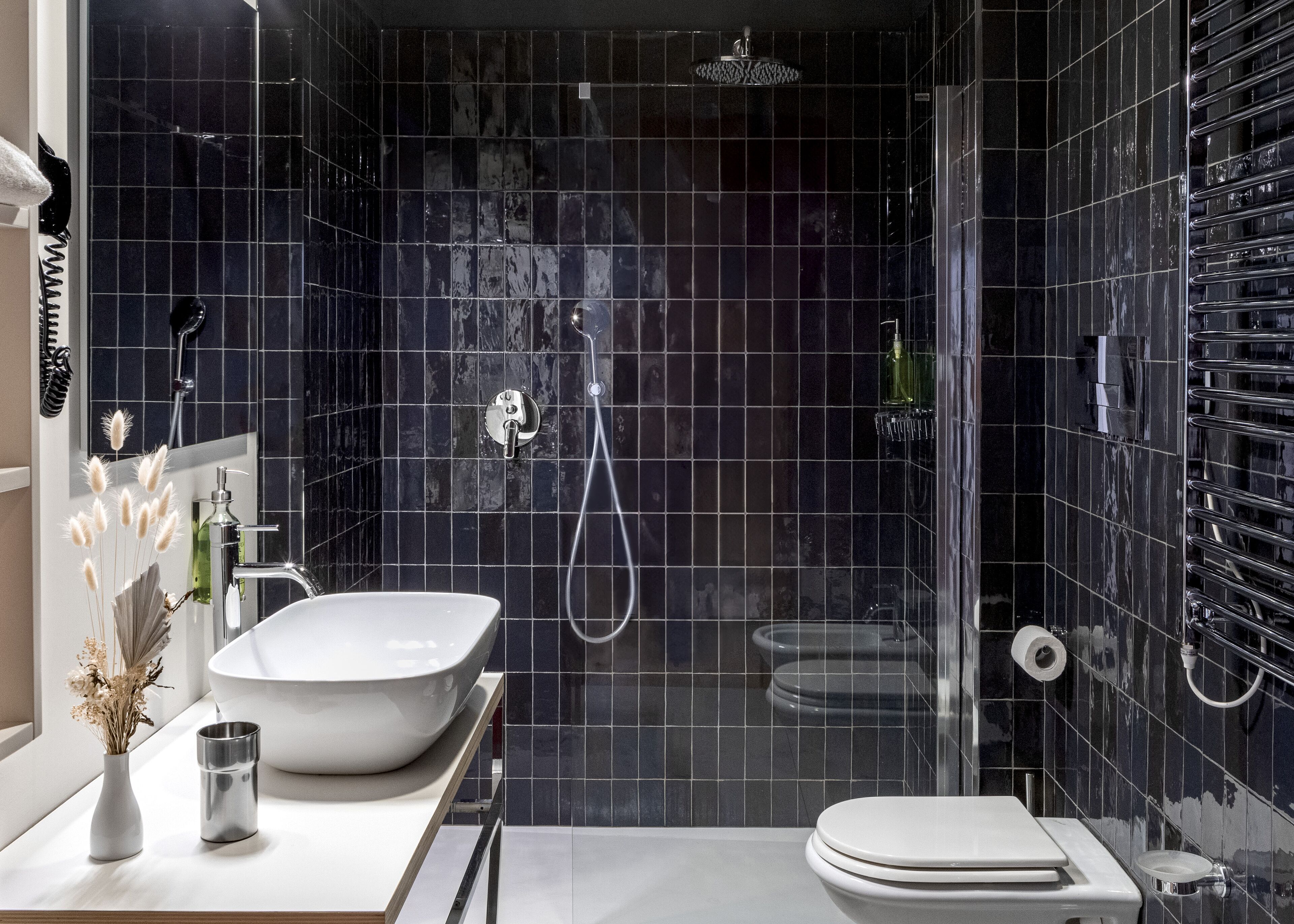 free toiletries, hair dryer, bidet, towels