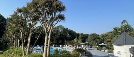 A pool area with a clear sky, surrounded by trees and a paved walkway.