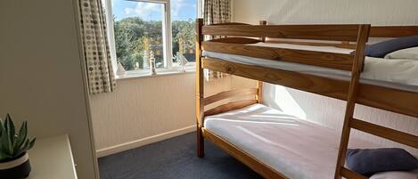 A bunk bed room with a window, a desk, and a plant.
