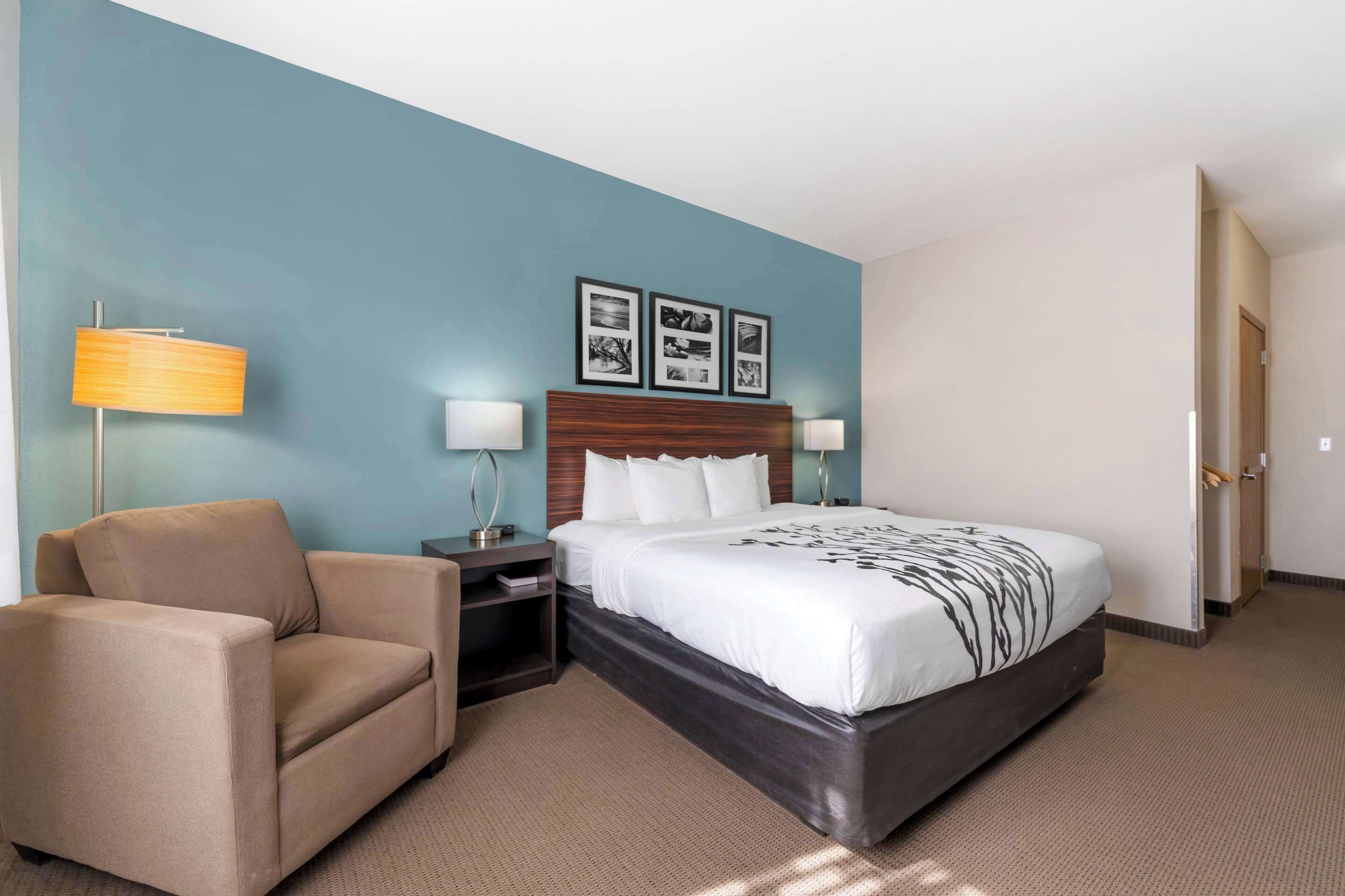 A hotel room with a bed, a sofa, two bedside tables, and a lamp.