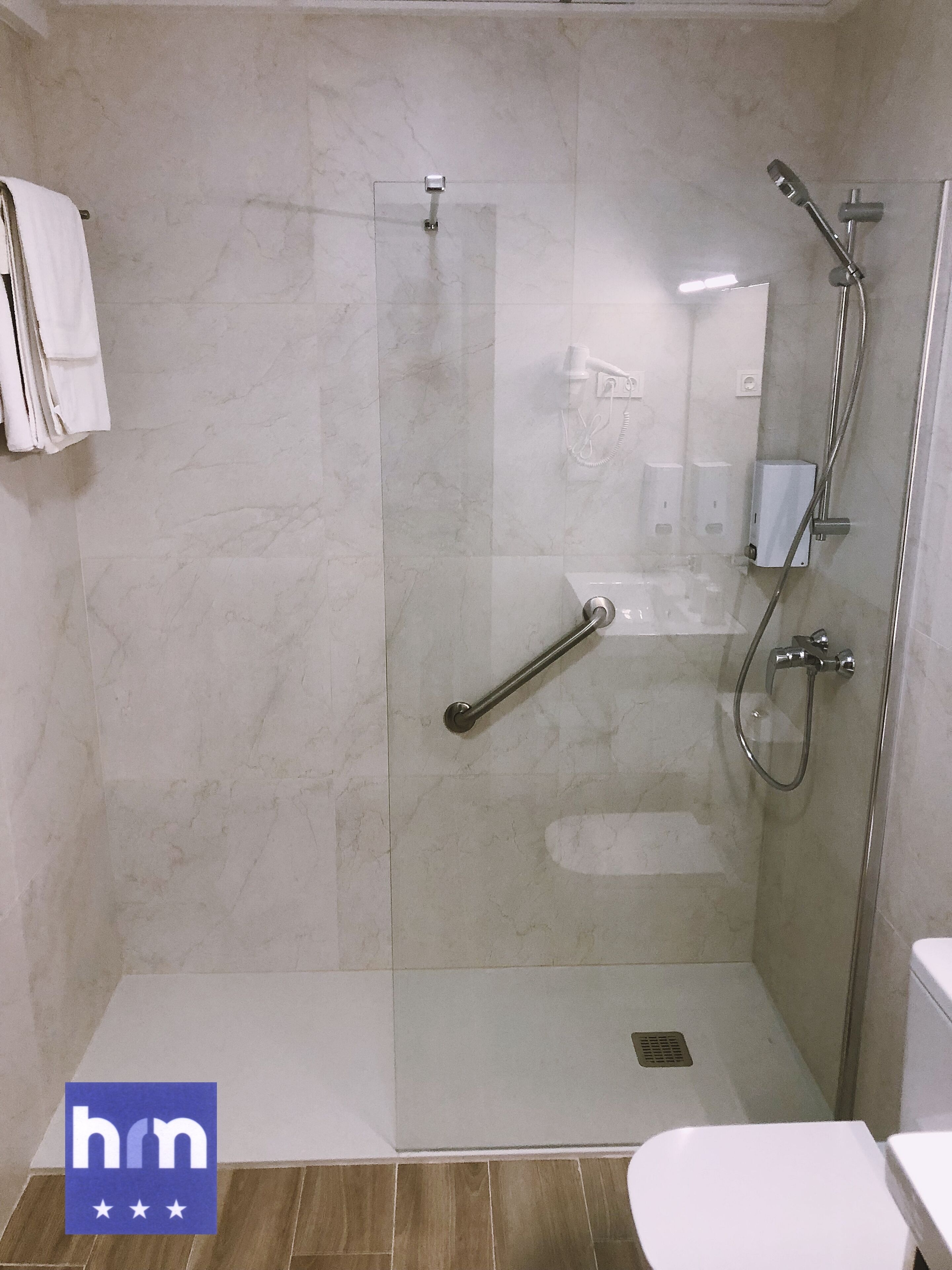 A modern bathroom with a glass-enclosed shower, a handrail, a toilet, and a towel rack.