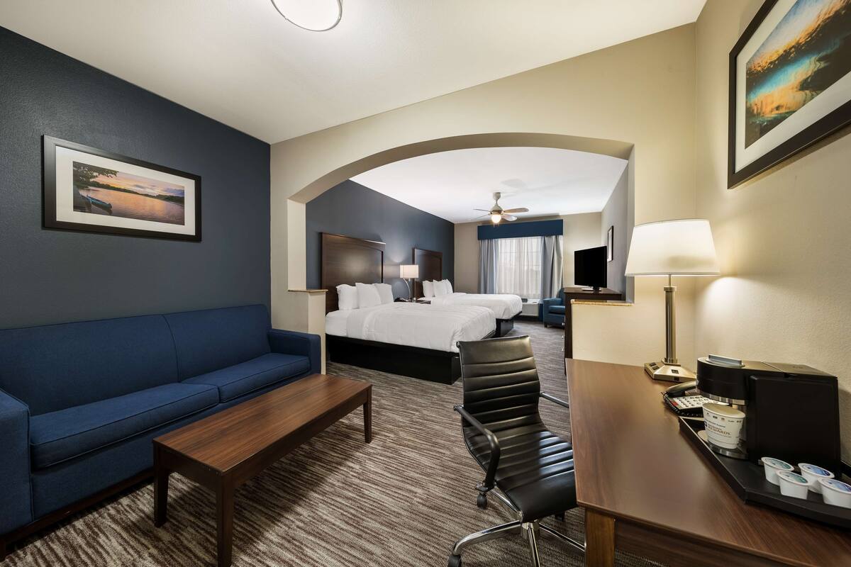 Una habitación de hotel con sofá, cama, escritorio y cafetera, y televisor.
