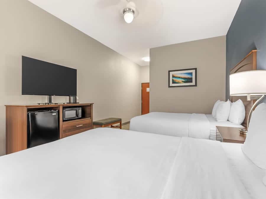 A hotel room with two beds, a flat-screen TV, a microwave, a small table, and a painting on the wall.