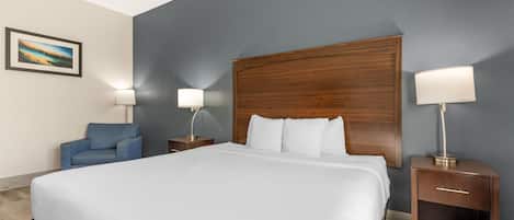 Habitación de hotel con una cama grande, una mesita de noche, una lámpara, una silla y un cuadro en la pared.