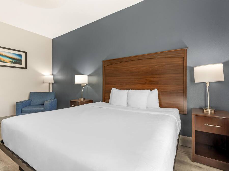A hotel room with a large bed, a nightstand, a lamp, a chair, and a framed picture on the wall.