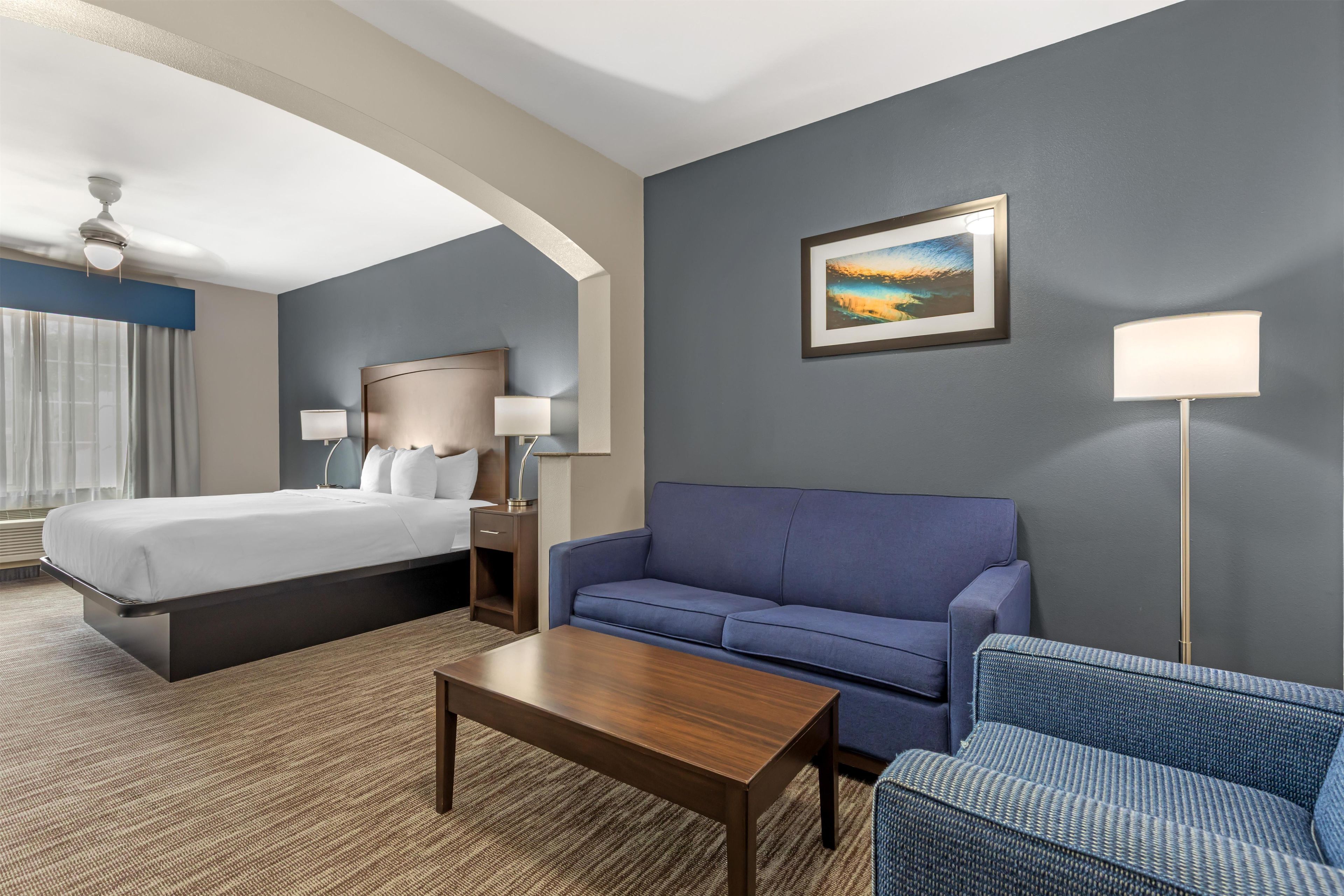 Habitación de hotel con cama, sofá, una mesita de centro, escritorio con lámparas, un cuadro en la pared y una lámpara de pie.