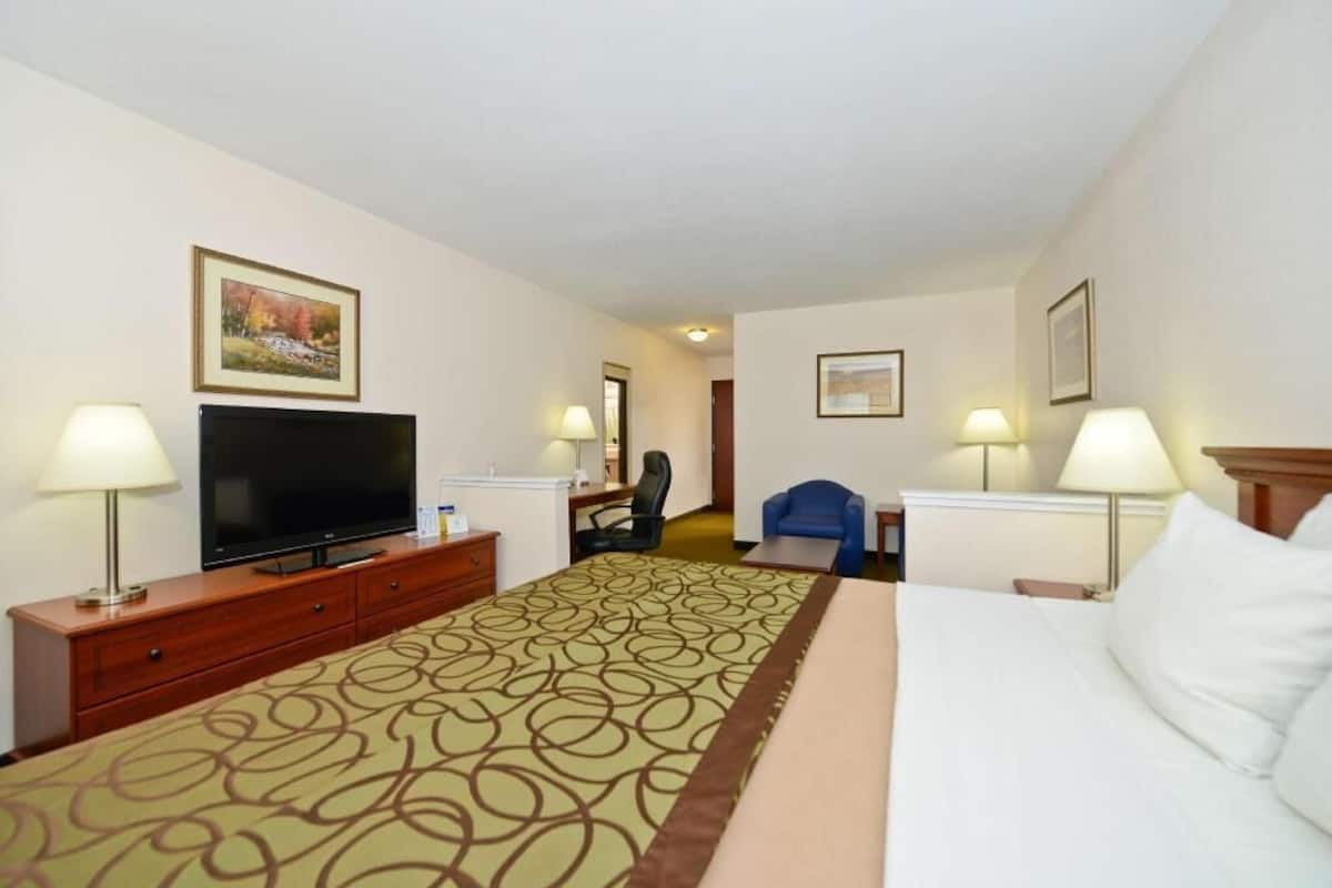 Habitación de hotel con cama, televisor, escritorio, dos sillas y lámparas.