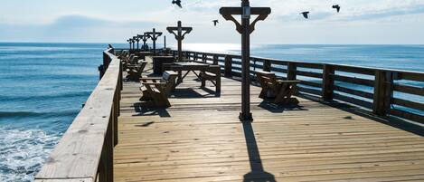 A wooden pier extending into the sea with benches and bird sculptures.
