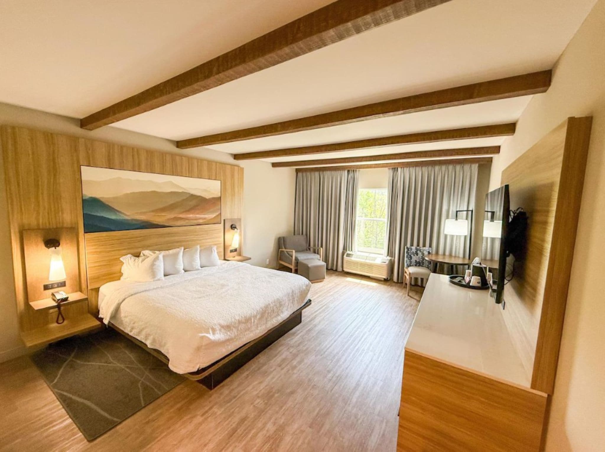 Une chambre d’hôtel spacieuse, dotée d’un grand lit, d’un bureau avec un téléviseur à écran plat, d’un coin salon avec un fauteuil et d’un tableau au mur.