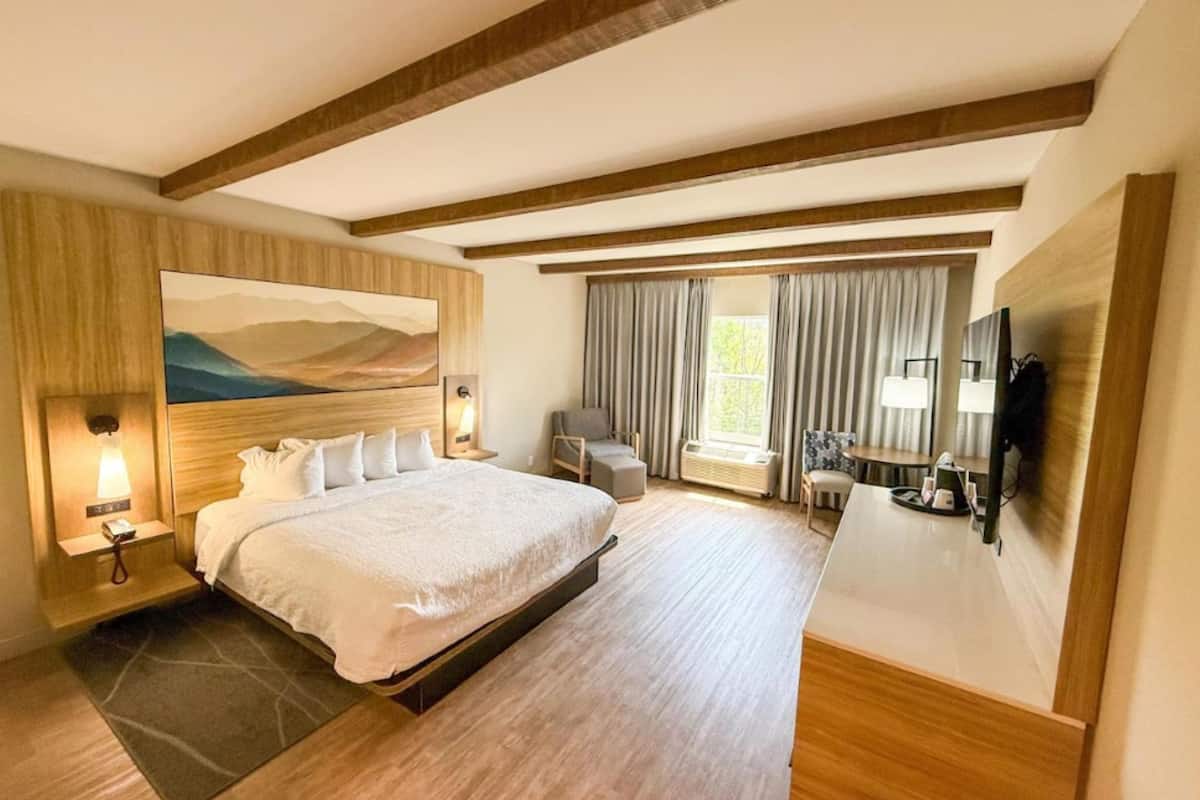 A spacious hotel room with a large bed, a desk with a flat-screen TV, a seating area with a chair, and a painting on the wall.