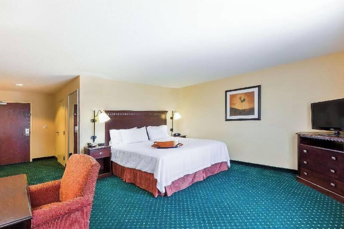 Premium bedding, desk, laptop workspace, blackout drapes
