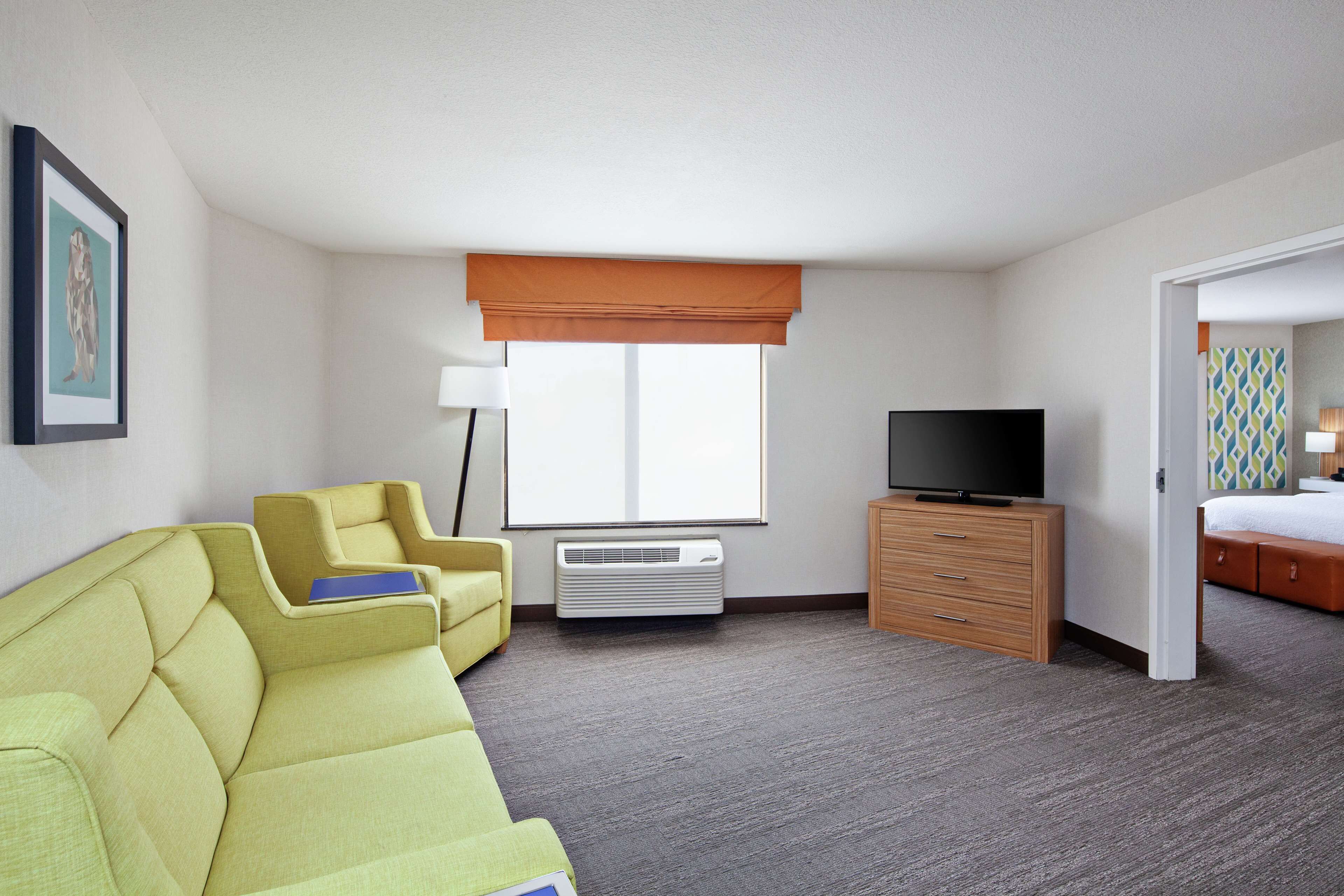 Une chambre d’hôtel avec un canapé vert, une télévision, une commode et une fenêtre donnant sur un beau paysage.