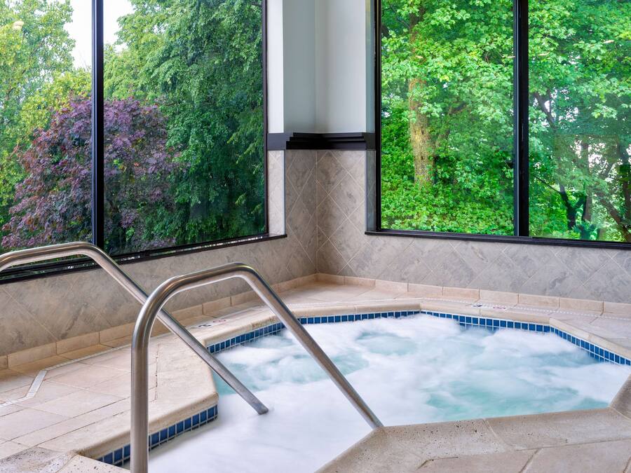 A hot tub with a view of trees through large windows.