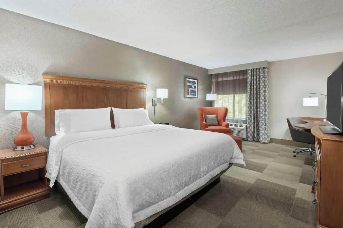 A hotel room with a large bed, a desk, a chair, a TV, and a window with curtains.