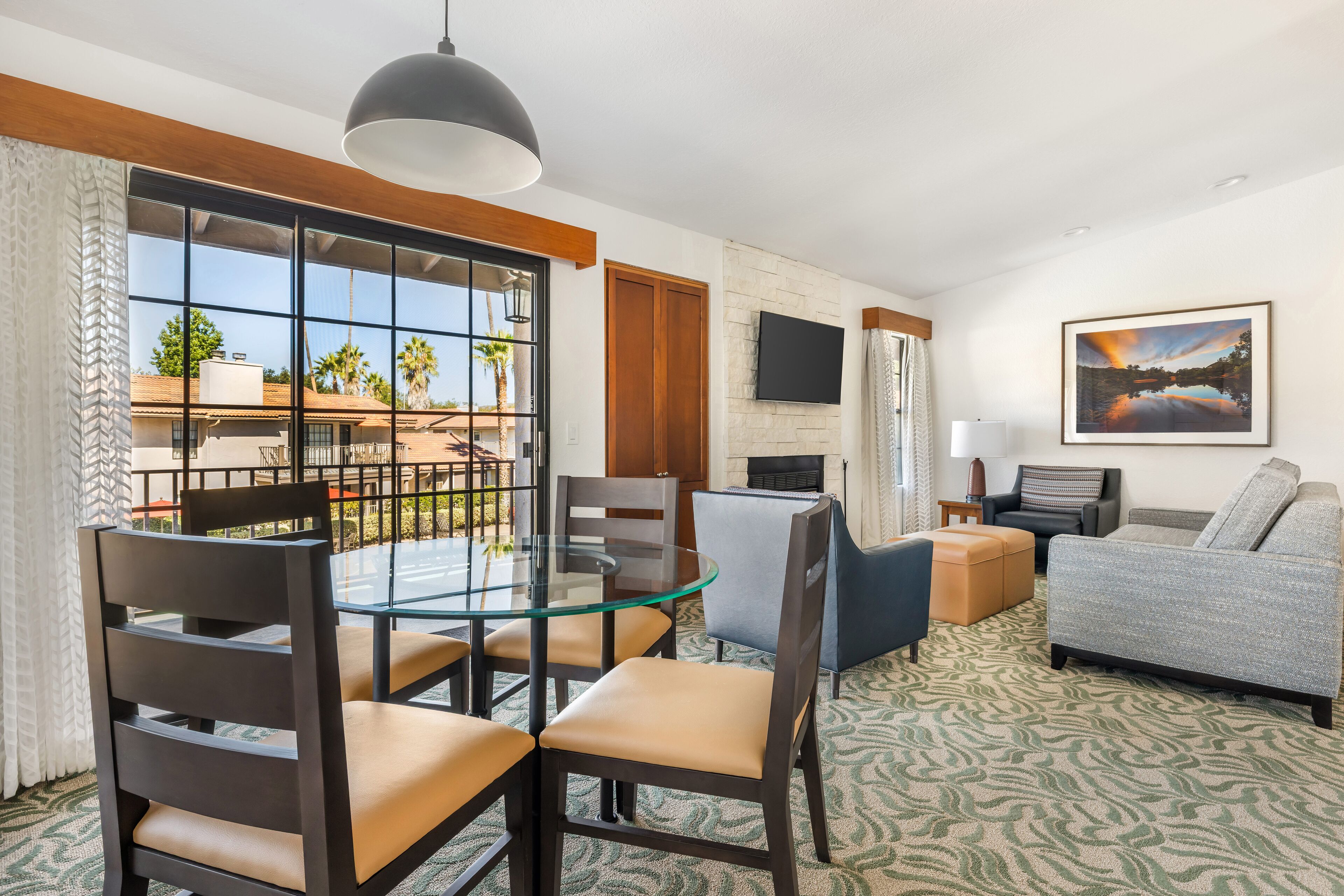 55-inch TV with cable channels, fireplace, DVD player