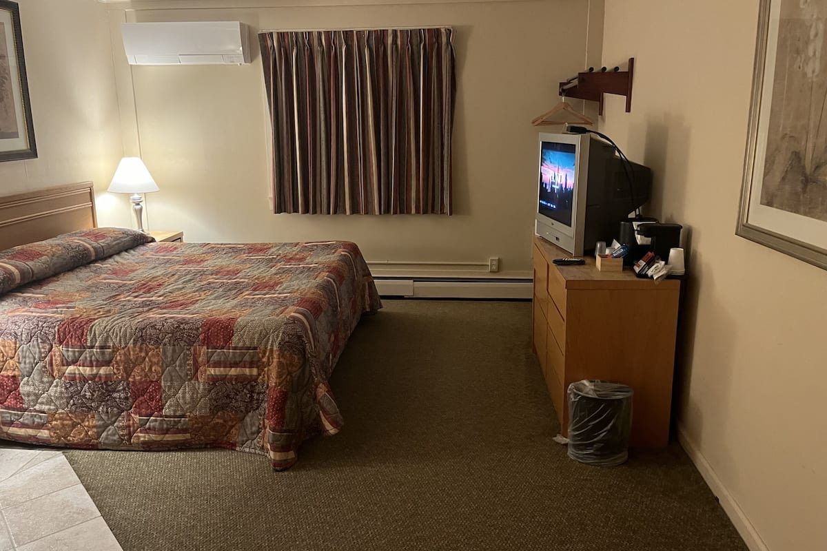 A hotel room with a bed, a television, a desk, and a trash can.