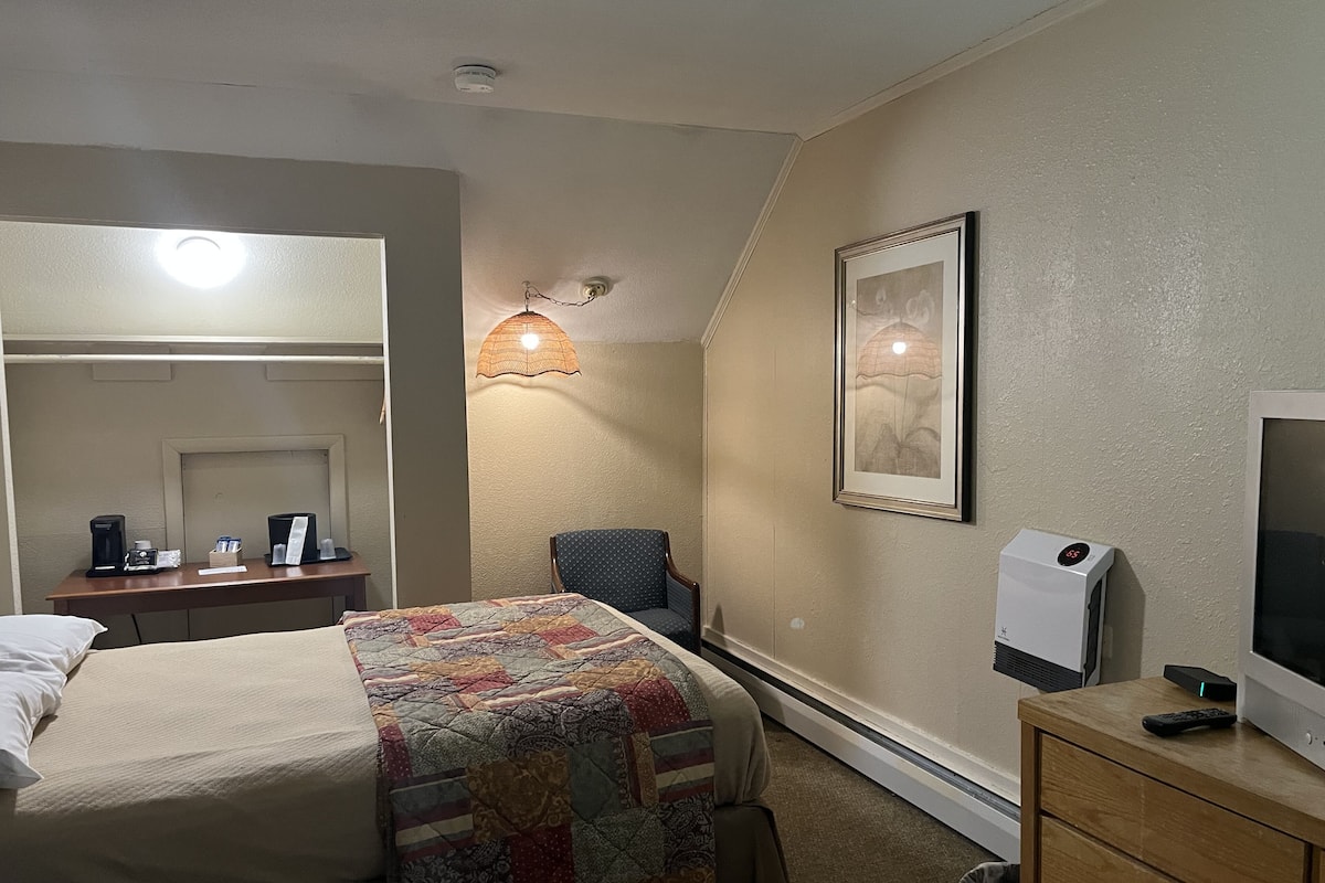 A hotel room with a bed, a desk with a coffee maker, a chair, a TV, and a heater.