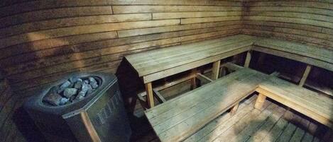 Un sauna équipé de bancs et d’un poêle à bois.