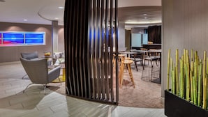 A modern hotel lobby with a seating area, a bar, and a decorative bamboo plant.