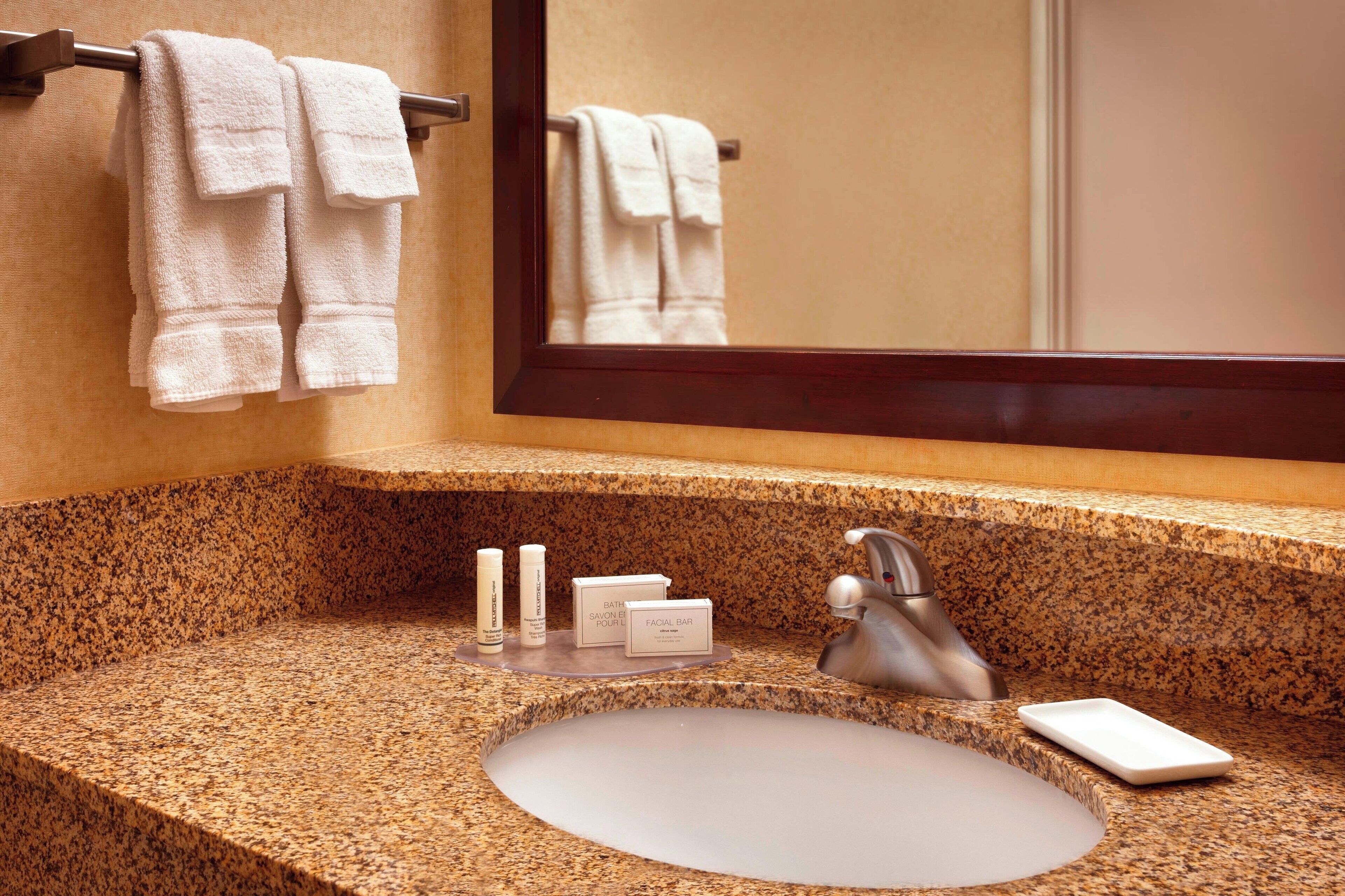 combined shower/bathtub, free toiletries, hair dryer, towels