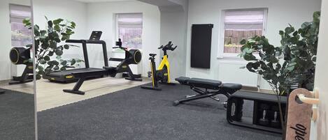 Une salle de sport à domicile équipée de matériel d’exercice, notamment un tapis de course, un vélo d’appartement et un banc de musculation.