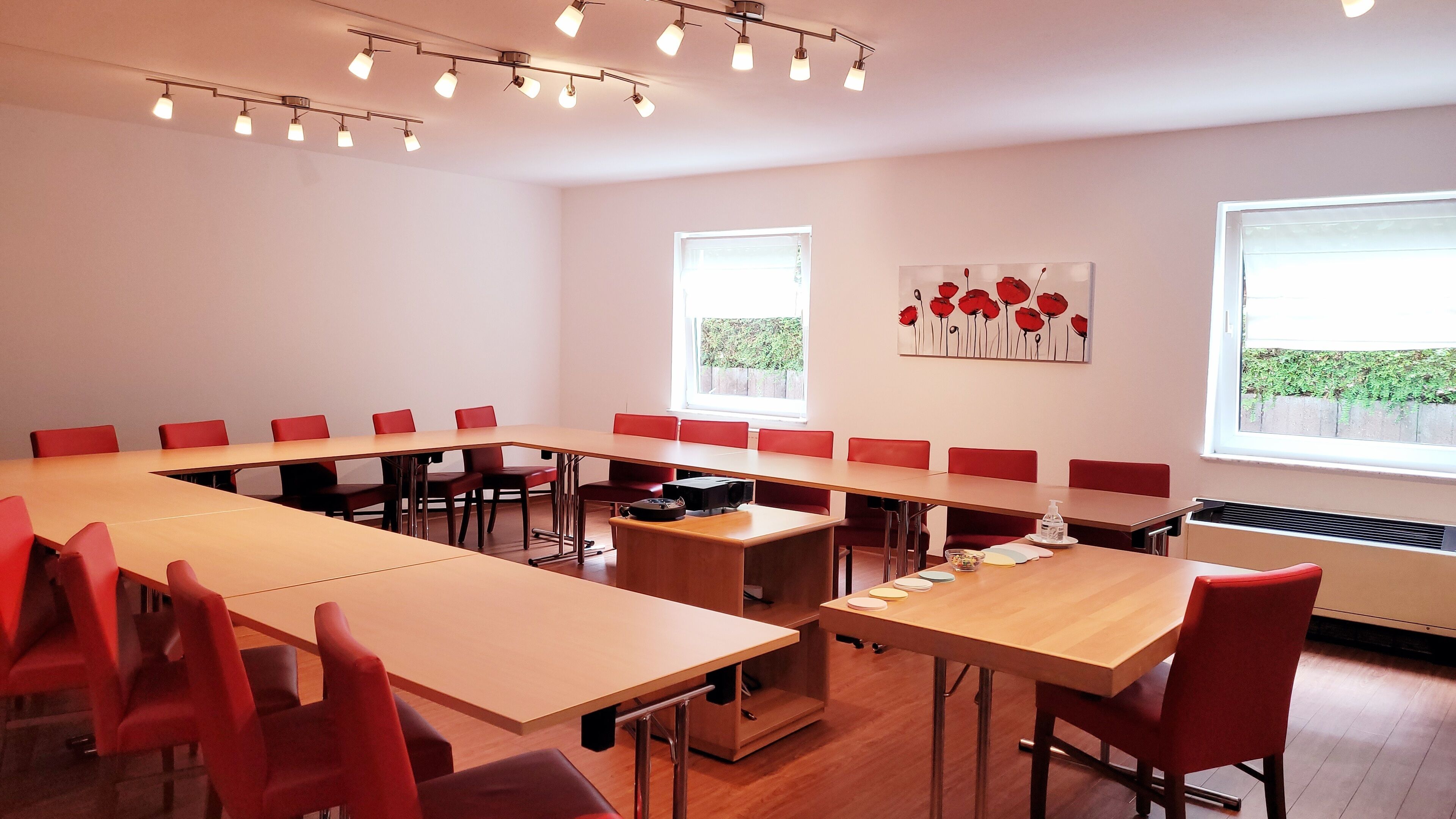 A conference room with a long table, red chairs, and a projector. There are two windows with blinds, a radiator, and a painting on the wall.