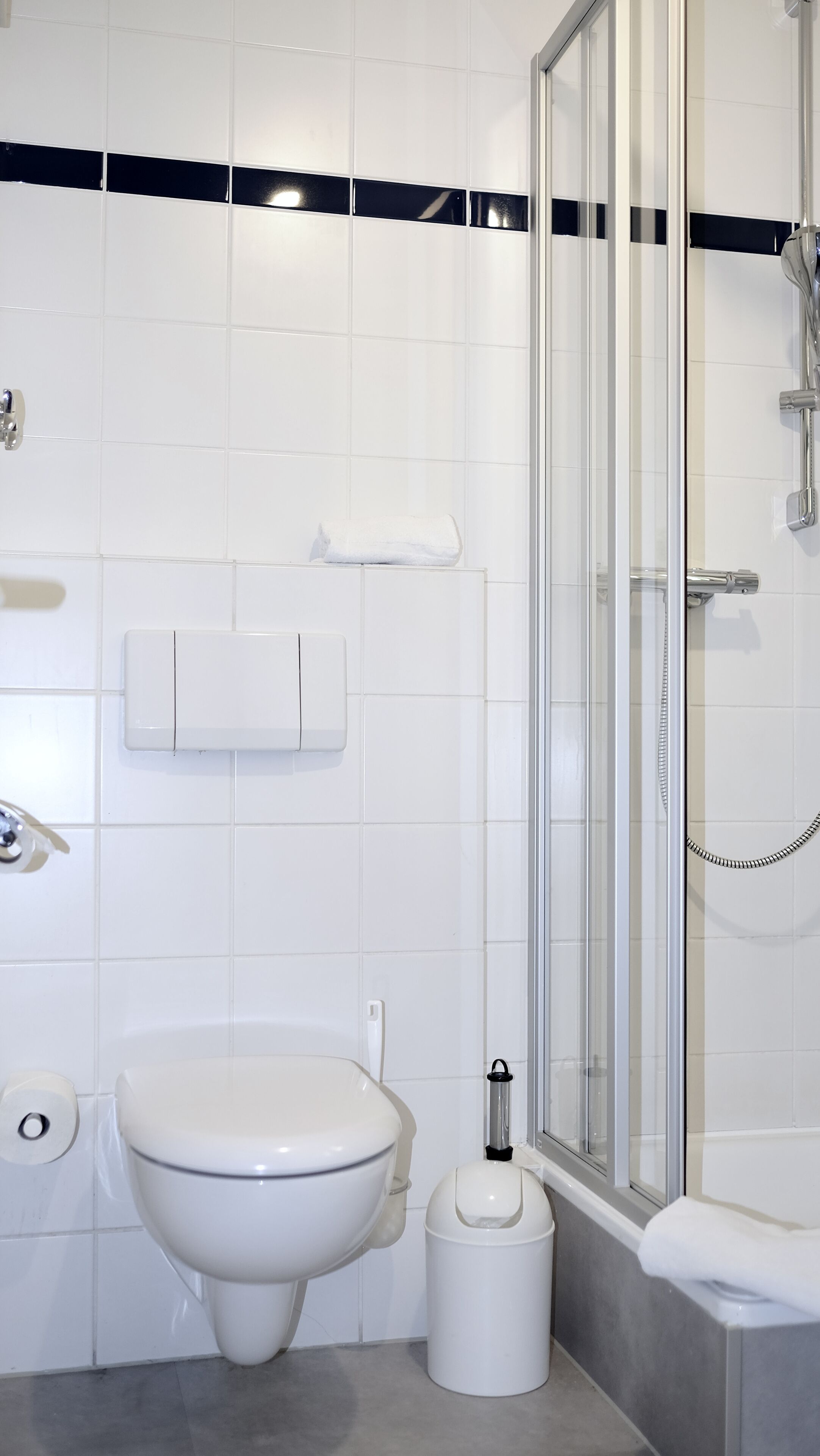 A modern bathroom with a toilet, bidet, and glass-enclosed shower.