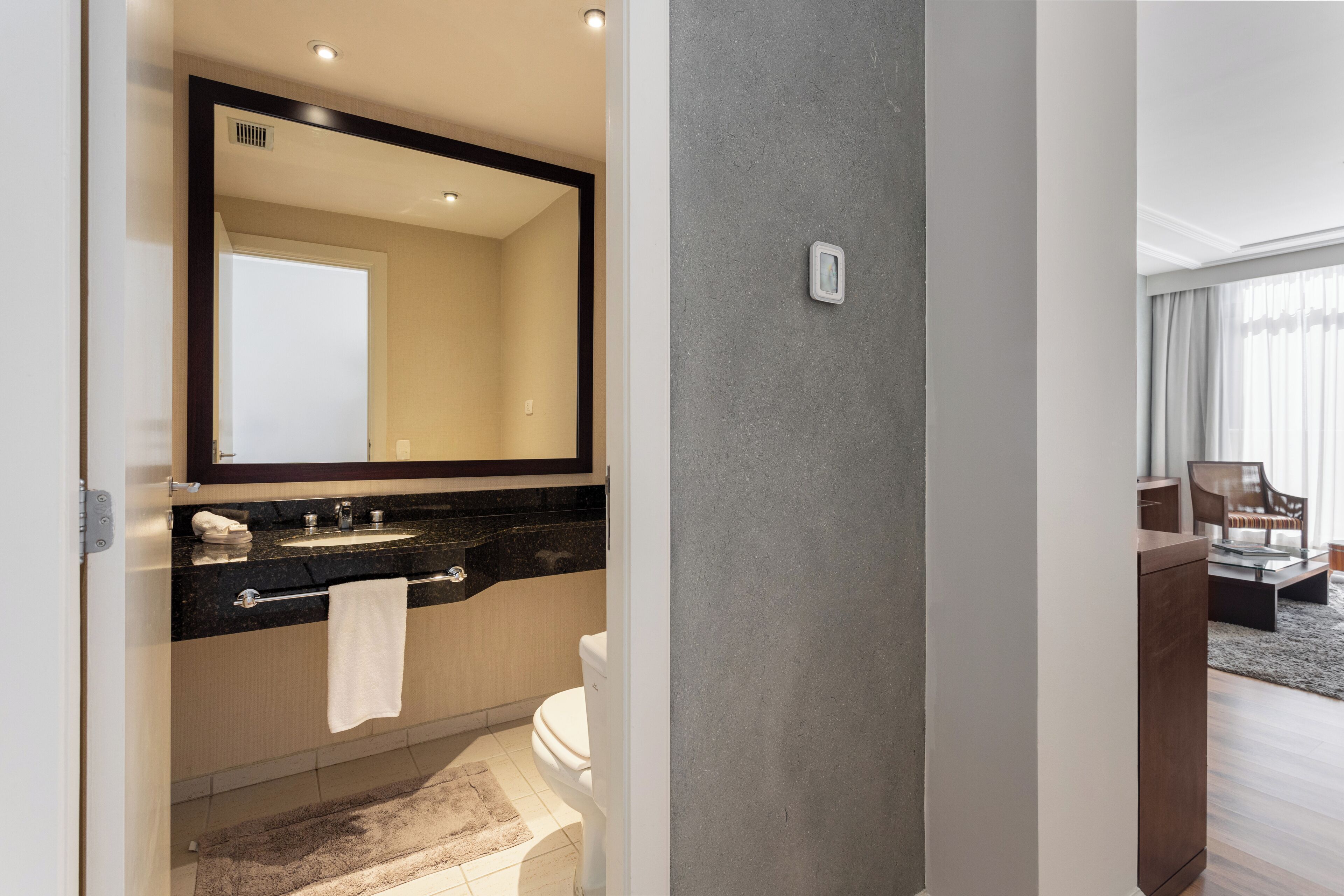 A modern bathroom with a large mirror, a sink, and a toilet. There is a towel hanging on the wall and a rug on the floor.