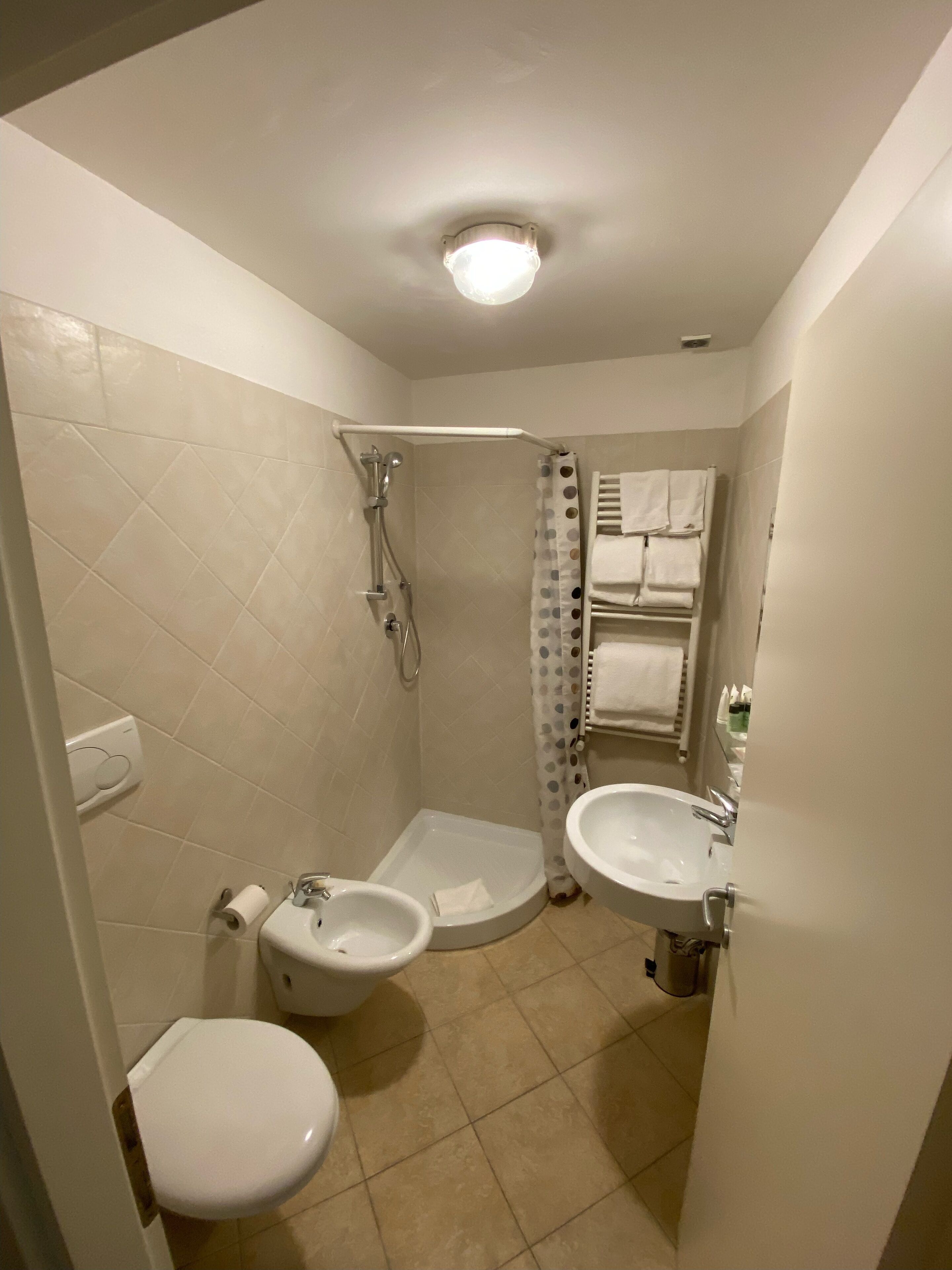 A bathroom with a toilet, bidet, and shower.