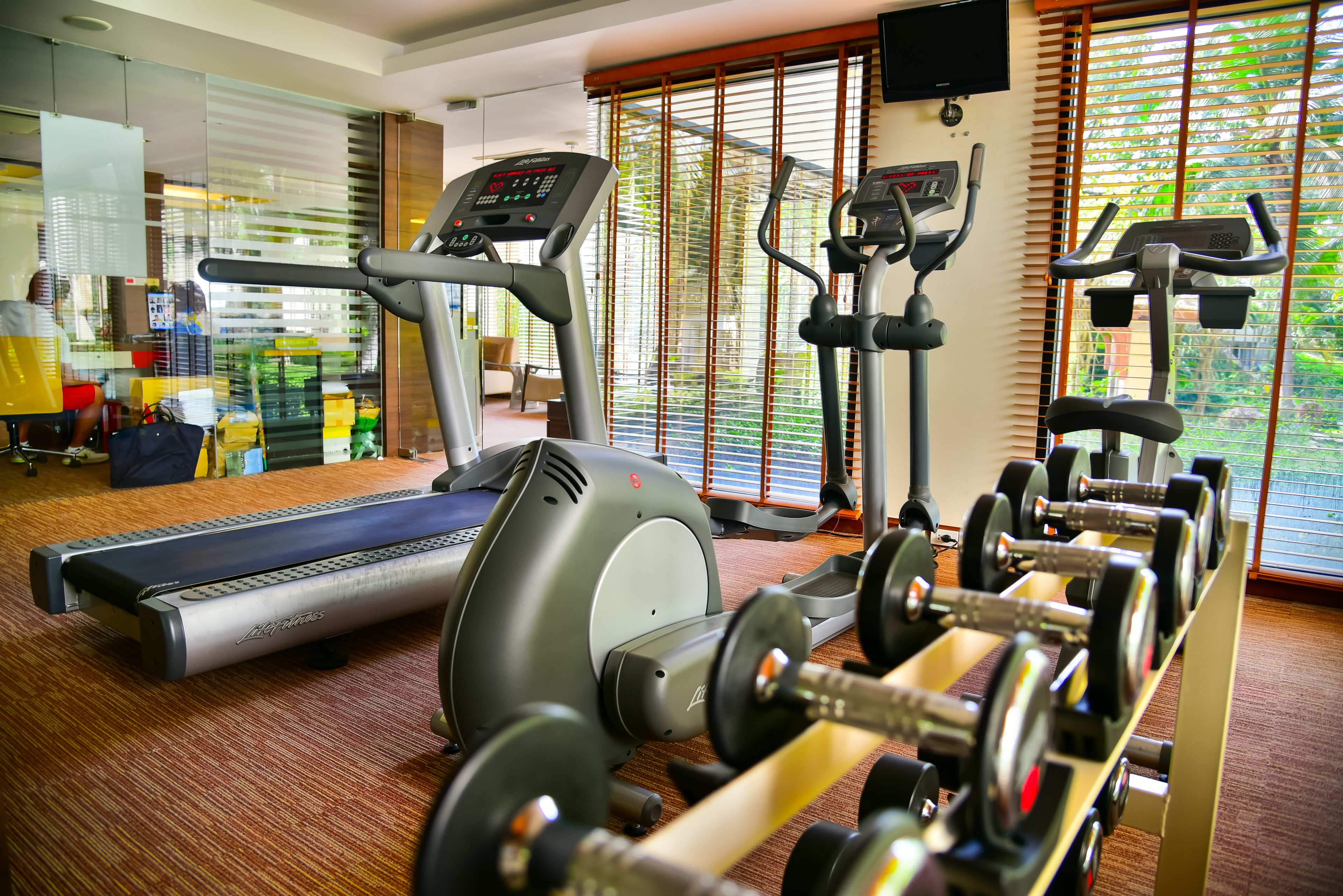 Un gimnasio con cintas de correr, elípticas y un estante con mancuernas.