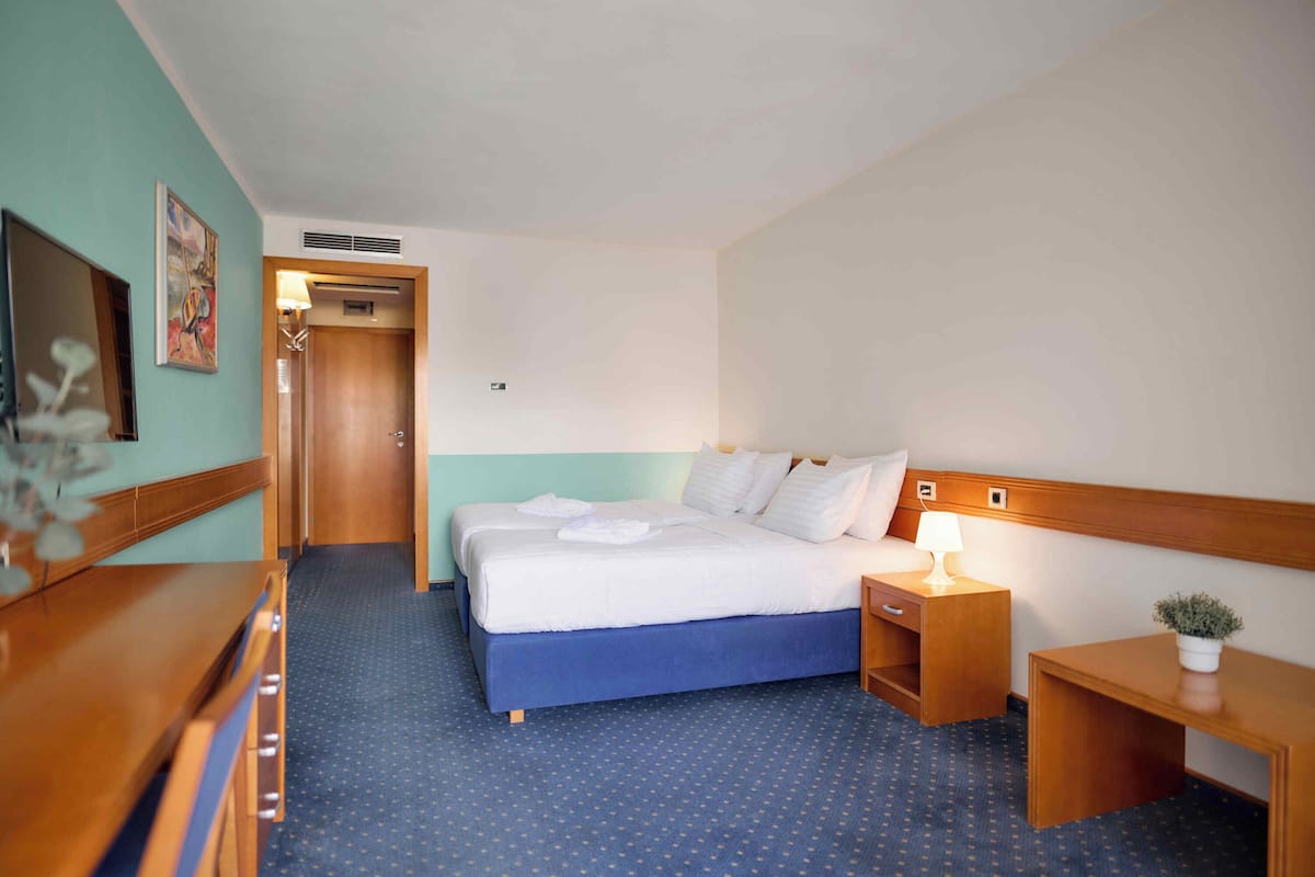 A hotel room with a bed, bedside table, lamp, and a small potted plant.